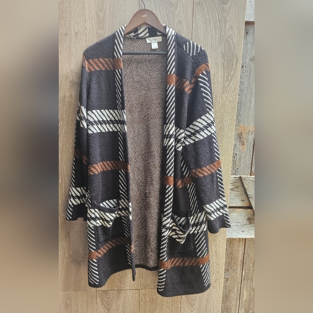 CJ Banks Brown Patterned Long Cardigan Sweater Pockets Autumn